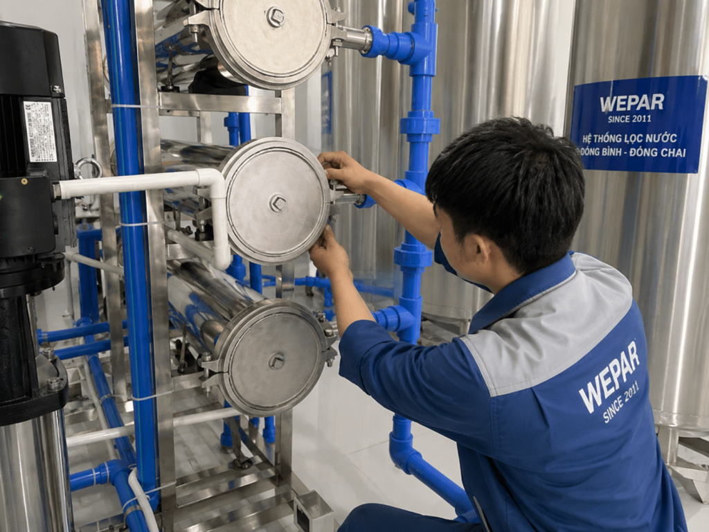 Kỹ thuật viên WEPAR thi công lắp đặt hệ thống lọc nước đóng bình.