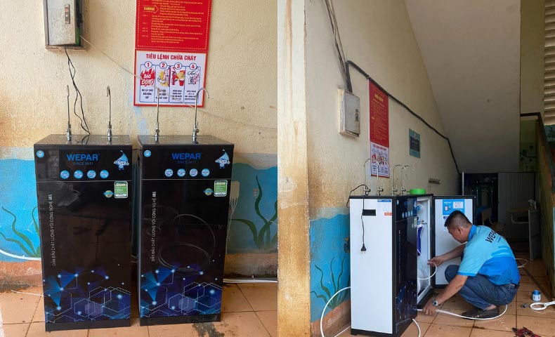 Hỗ trợ lắp đặt máy lọc nước cho các em học sinh tại trường Tiểu học Hoàng Hoa Thám.