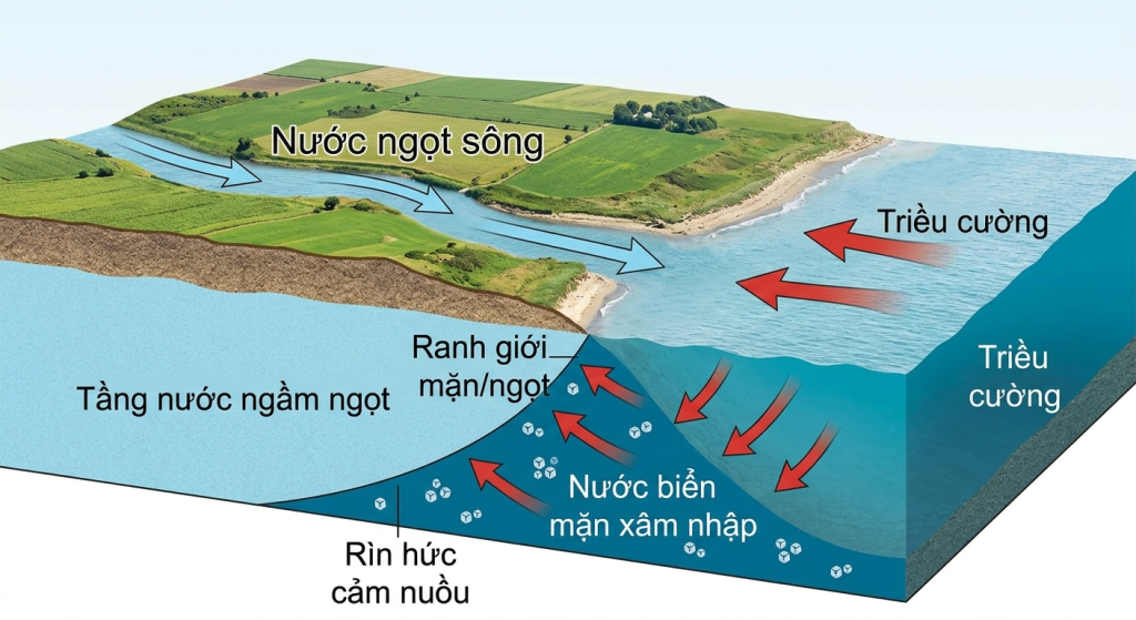 Sơ đồ minh họa quá trình xâm nhập mặn ven biển, so sánh dòng chảy nước ngọt sông và áp lực nước biển xâm nhập tầng nước ngầm.