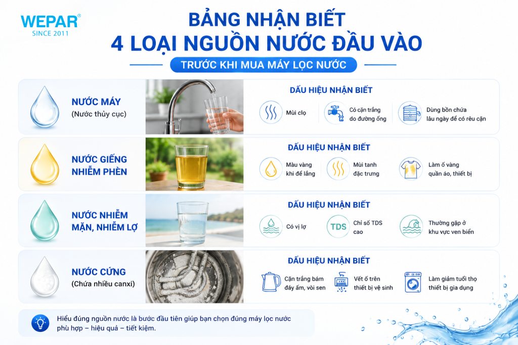Bảng nhận biết 4 loại nguồn nước đầu vào trước khi mua máy lọc nước