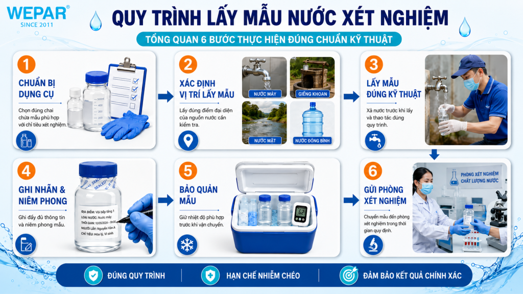 Sơ đồ tổng quan 6 bước lấy mẫu nước xét nghiệm đúng chuẩn theo quy định