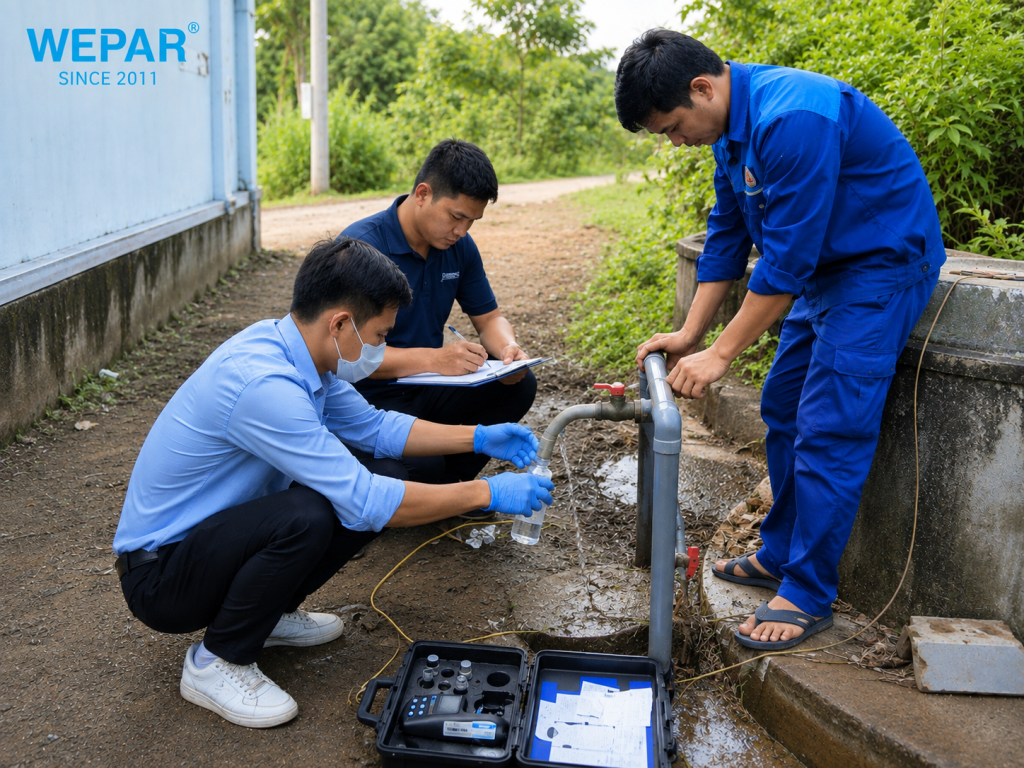 Đội kỹ thuật WEPAR lấy mẫu và đo nhanh chất lượng nước tại đầu ống giếng khoan ngoài hiện trường