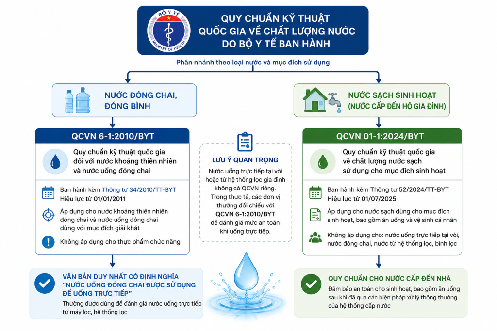 Cây quy chuẩn Bộ Y tế phân nhánh theo loại nước, QCVN 6-1:2010/BYT cho nước đóng chai và QCVN 01-1:2024/BYT cho nước sinh hoạt
