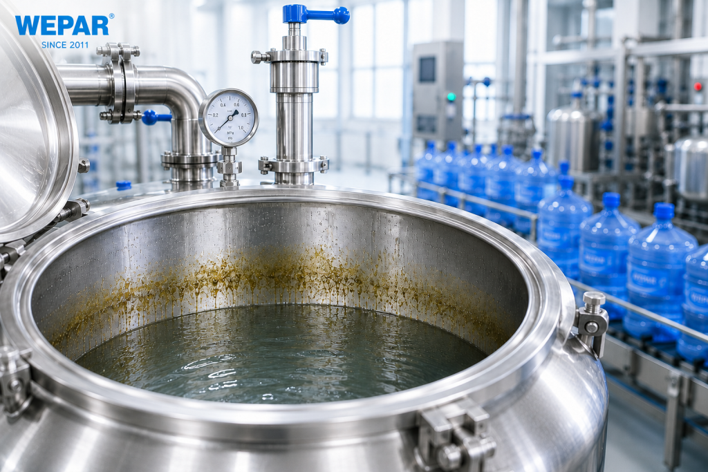 Bồn chứa nước inox trong dây chuyền sản xuất nước đóng bình với lớp biofilm bám thành bồn gây mùi tanh