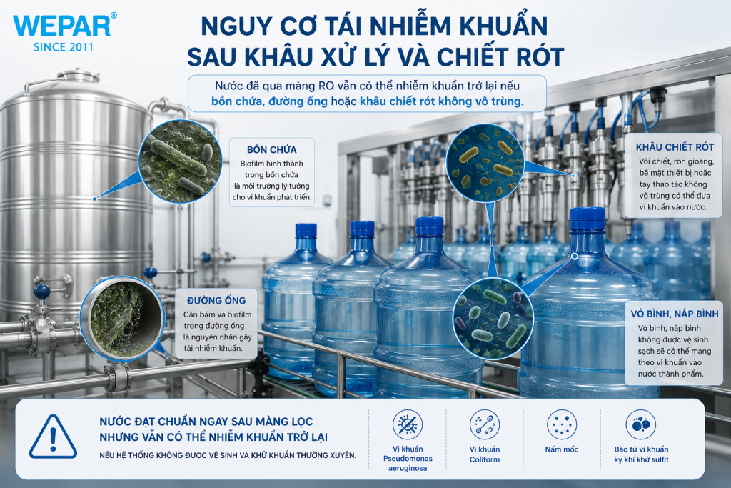 nguy cơ tái nhiễm khuẩn nước đóng bình tại khâu chiết rót và bồn chứa