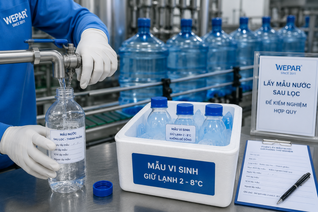 lấy mẫu nước sau lọc vào chai vô trùng để gửi phòng thử nghiệm