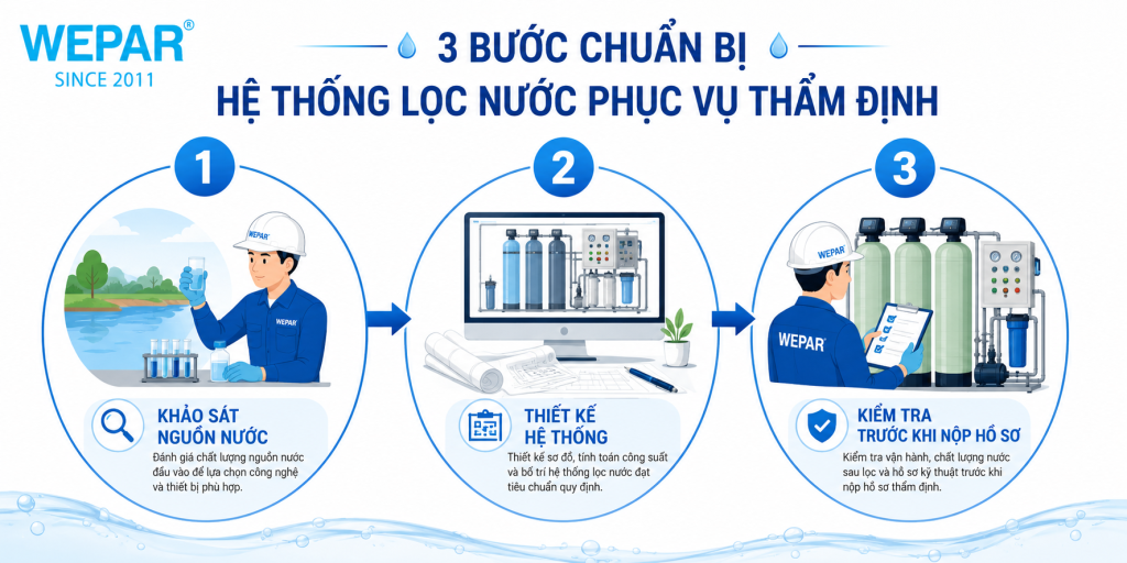 Đồ họa ba bước chuẩn bị hệ thống lọc nước phục vụ thẩm định gồm khảo sát nguồn nước, thiết kế hệ thống và kiểm tra trước khi nộp hồ sơ