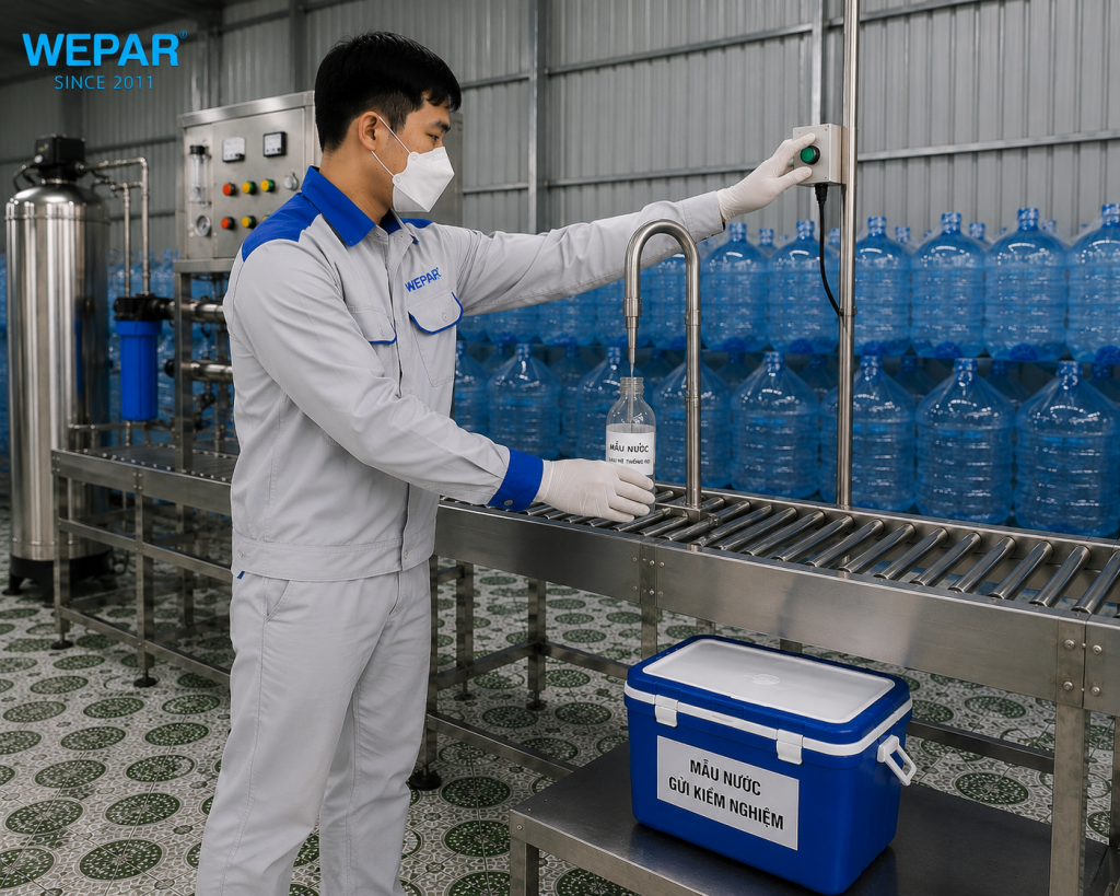 Kỹ thuật viên WEPAR lấy mẫu nước sau hệ thống lọc RO tại xưởng sản xuất nước đóng bình để gửi kiểm nghiệm
