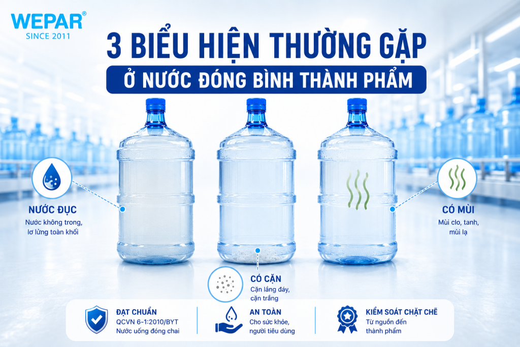 3 bình nước đóng bình 20L đặt cạnh nhau cho thấy nước bị đục lơ lửng, nước có cặn lắng đáy và nước có mùi