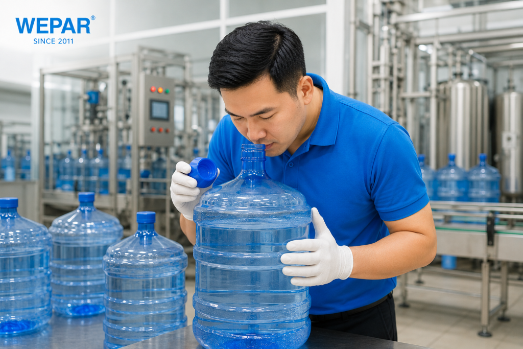 Chủ cơ sở sản xuất mở nắp bình nước 20L để kiểm tra mùi của nước thành phẩm trước khi xuất xưởng