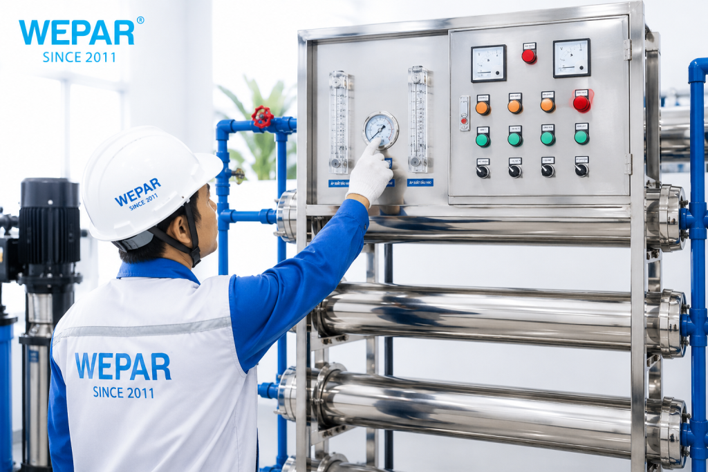 Kỹ thuật viên WEPAR kiểm tra đồng hồ đo áp trên cụm màng lọc RO công nghiệp