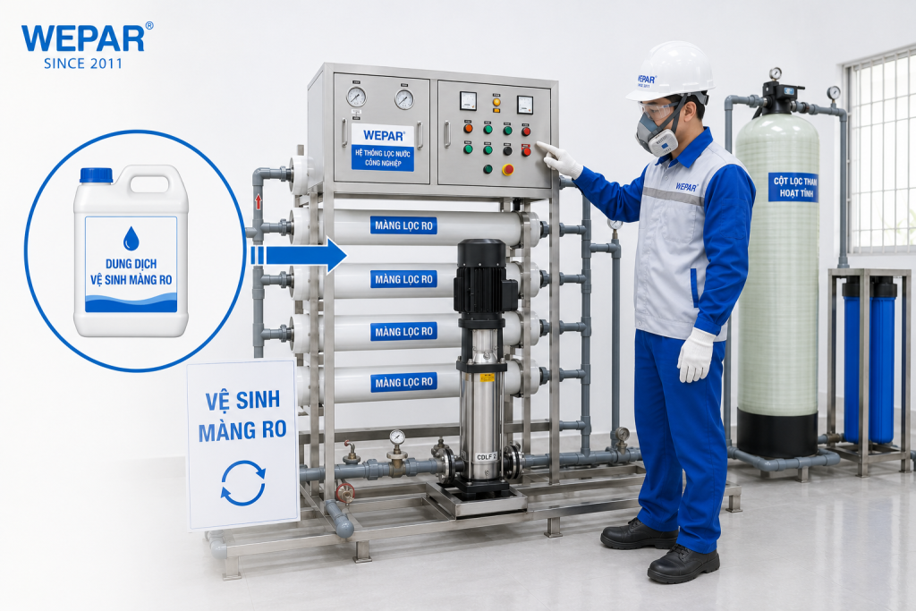 Kỹ thuật viên WEPAR vận hành bơm cao áp tuần hoàn dung dịch vệ sinh qua cụm màng RO
