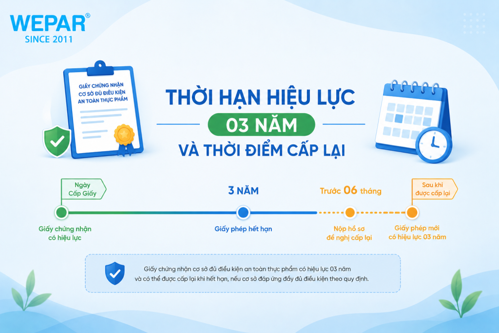 thời gian hiệu lực giấy phép an toàn thực phẩm 03 năm với mốc nộp hồ sơ cấp lại trước 06 tháng