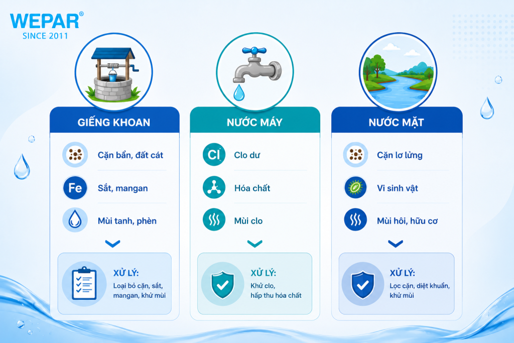 Đồ họa so sánh ba loại nguồn nước đầu vào là giếng khoan, nước máy và nước mặt cùng đặc điểm xử lý tương ứng