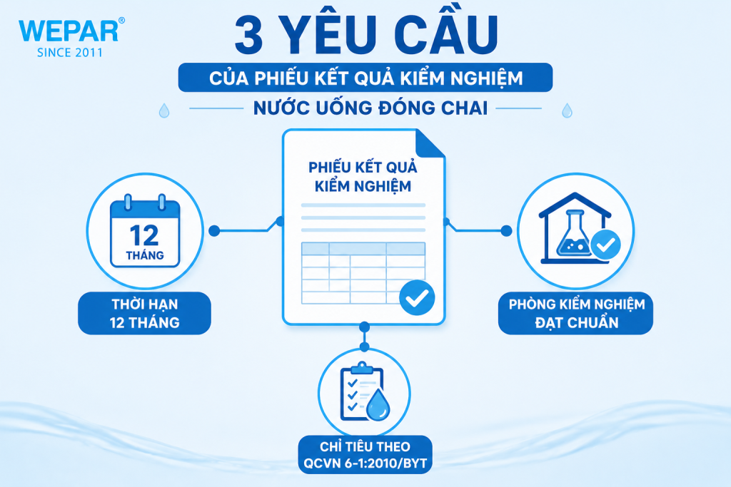 Đồ họa ba yêu cầu của phiếu kết quả kiểm nghiệm nước uống đóng chai gồm thời hạn 12 tháng, phòng kiểm nghiệm đạt chuẩn và chỉ tiêu theo QCVN 6-1:2010/BYT