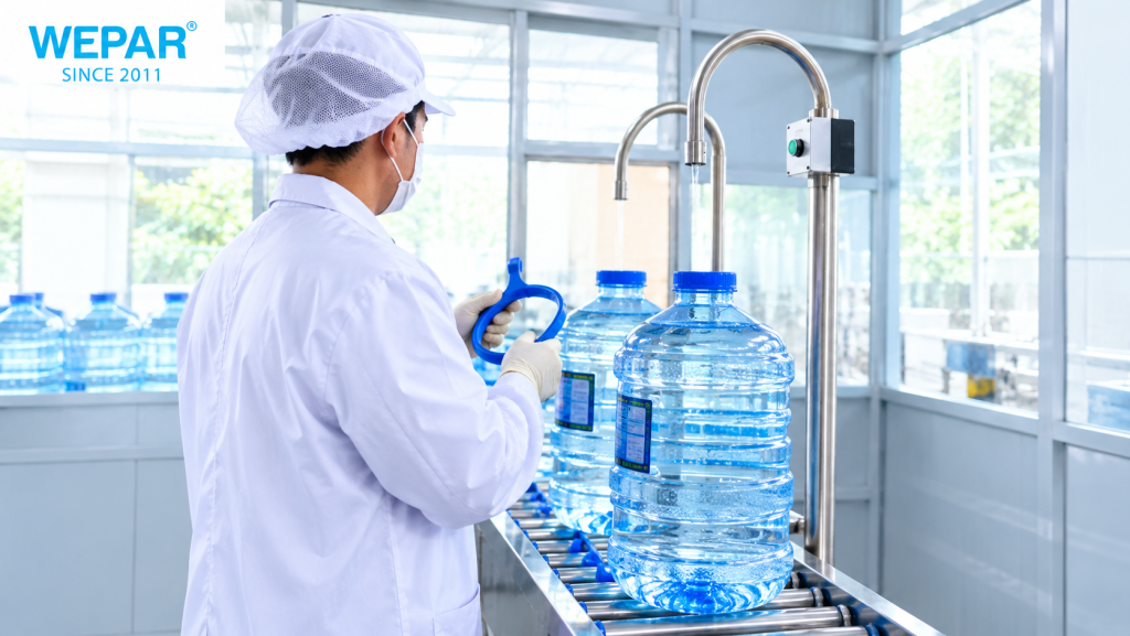 Người vận hành cân kiểm tra thể tích bình nước sau khi chiết để phát hiện lỗi sai định lượng