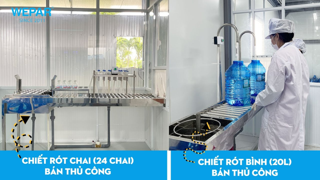 Cấu tạo máy chiết rót bán tự động với bơm định lượng Piston, vòi chiết và cảm biến