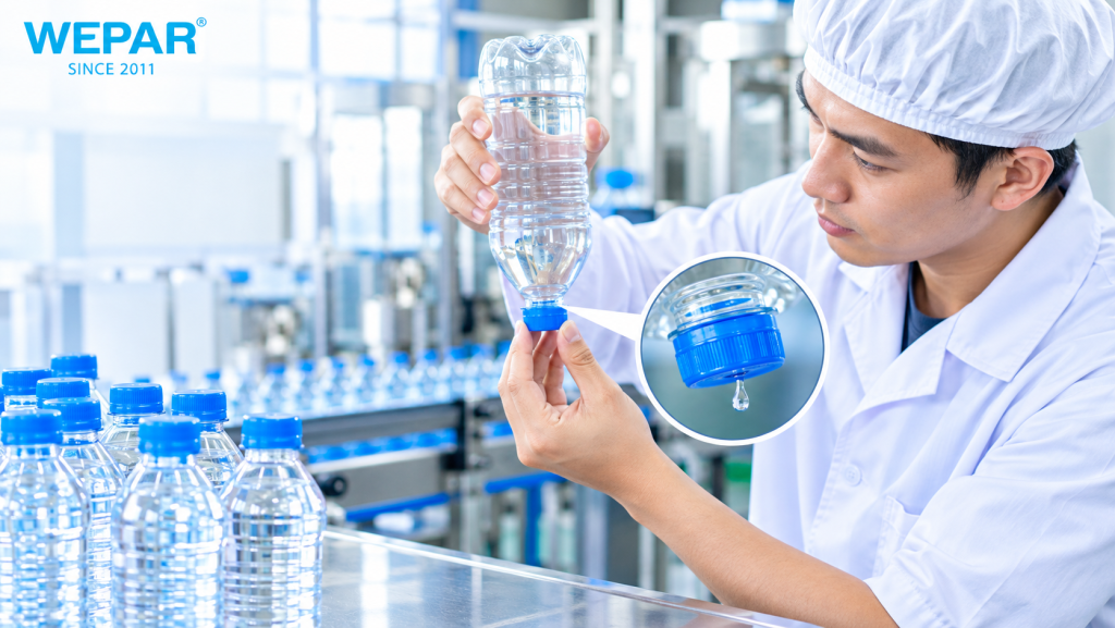 Kiểm tra độ kín nắp chai nước bằng cách dốc ngược để phát hiện lỗi siết nắp không chặt